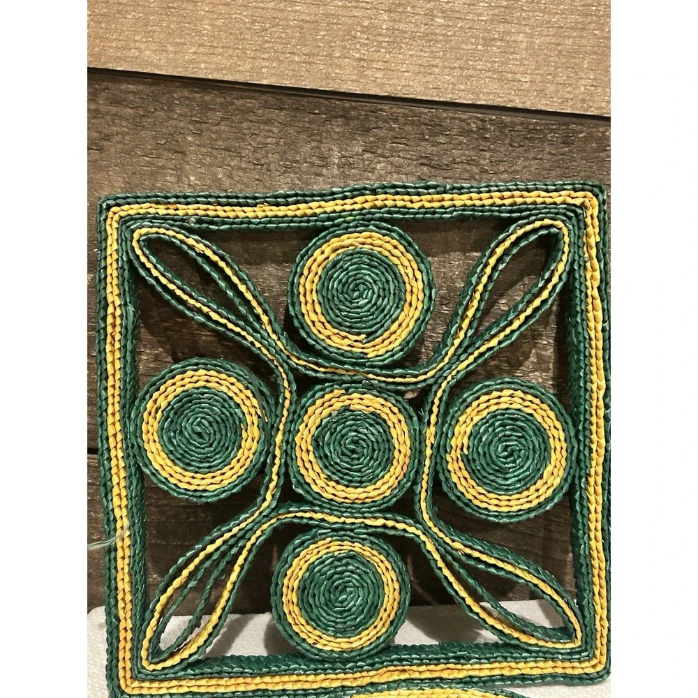 Lot of 2 Square Rattan Wicker Raffia Woven Straw Hot‎ Pad Trivets Green VTG